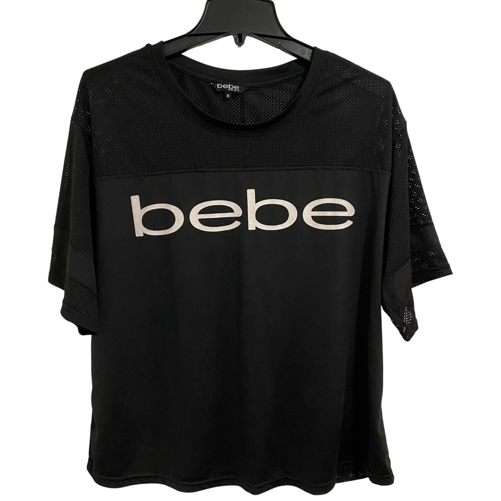 Bebe Sport Y2K Style Jersey Top Womens 1X Black Mesh Logo Graphic Tee - Picture 2 of 6